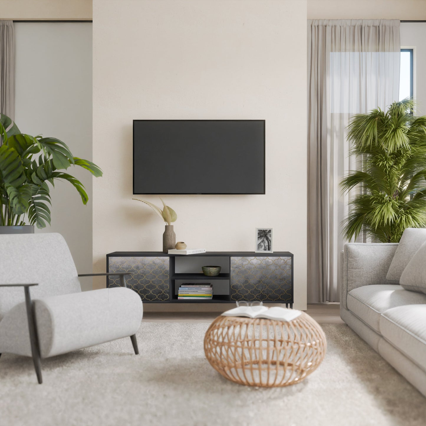 TESSELATED GRAYISH 2-Door TV Stand in Black Finish