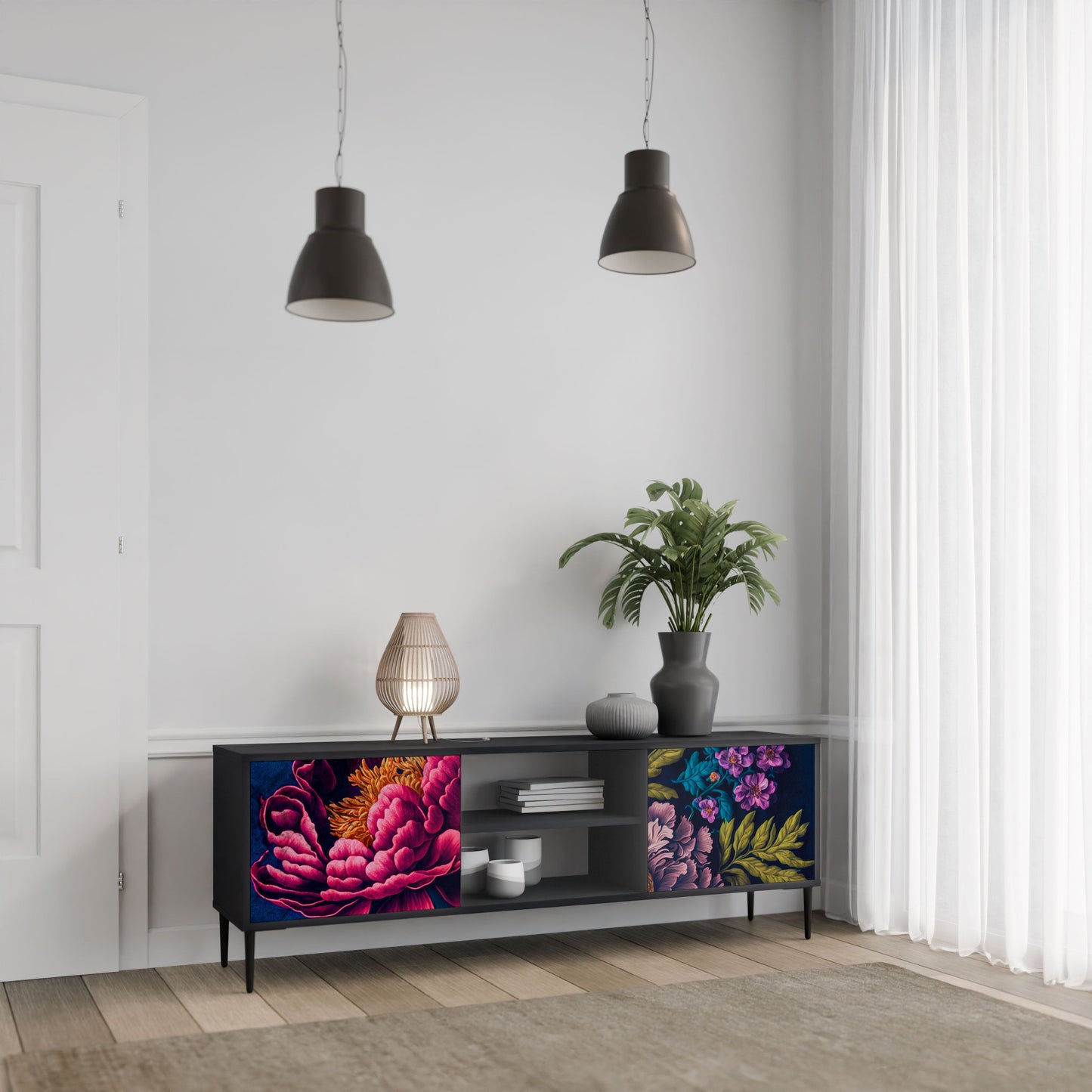 BLOOMING ELEGANCE Mobile TV a 2 Ante in Finitura Nera