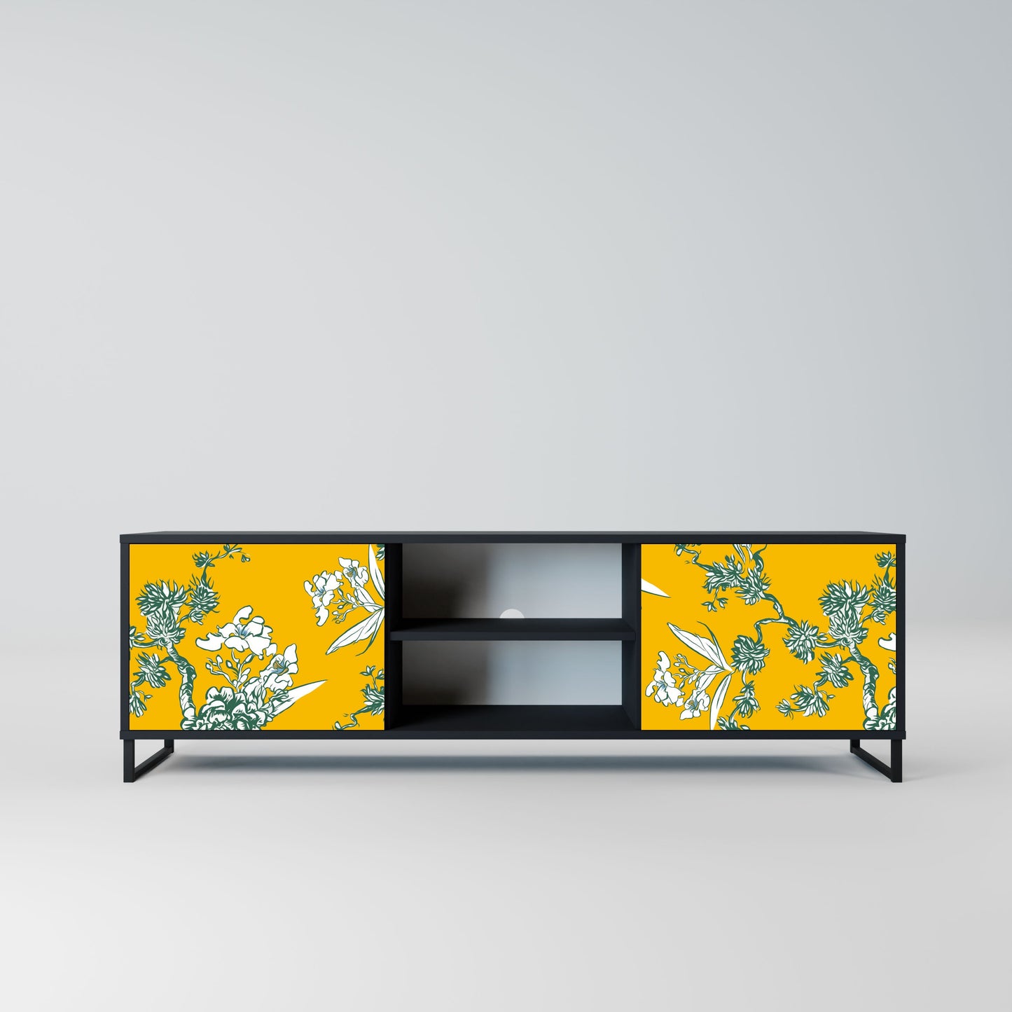YELLOW CHINOISERIE 2-Door TV Stand in Black Finish