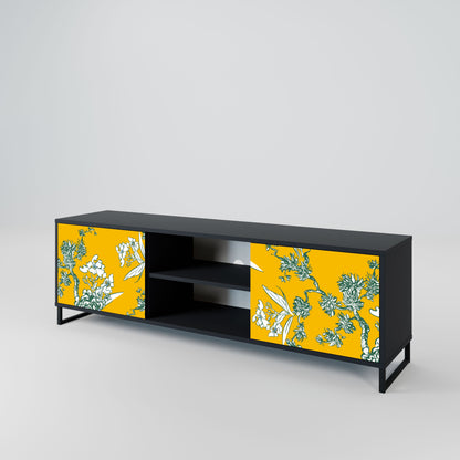 YELLOW CHINOISERIE 2-Door TV Stand in Black Finish