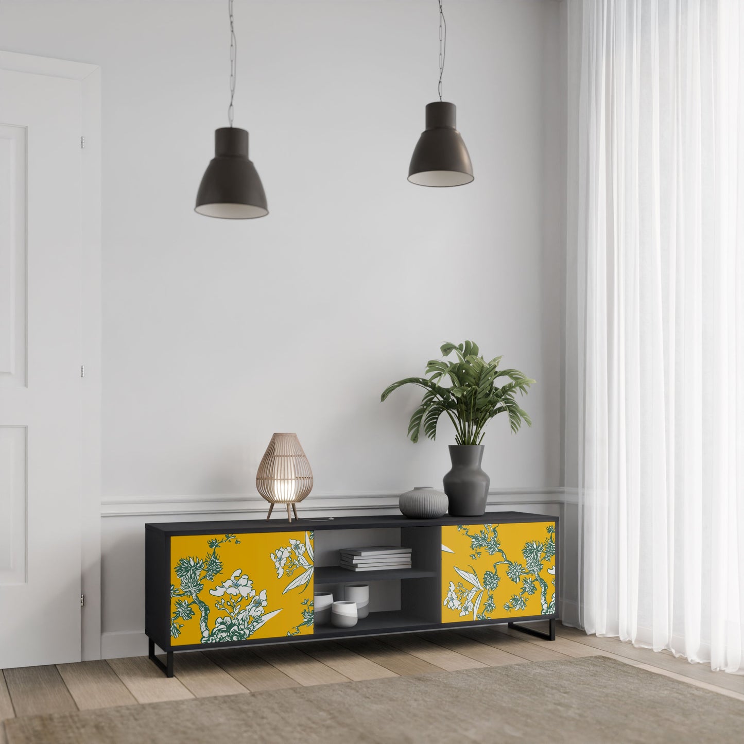 YELLOW CHINOISERIE 2-Door TV Stand in Black Finish