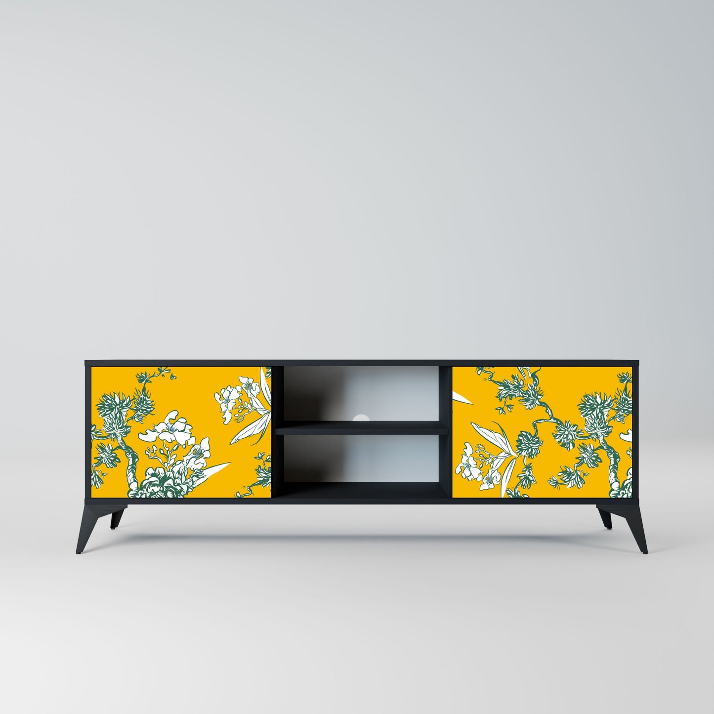 YELLOW CHINOISERIE 2-Door TV Stand in Black Finish