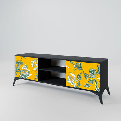 YELLOW CHINOISERIE 2-Door TV Stand in Black Finish