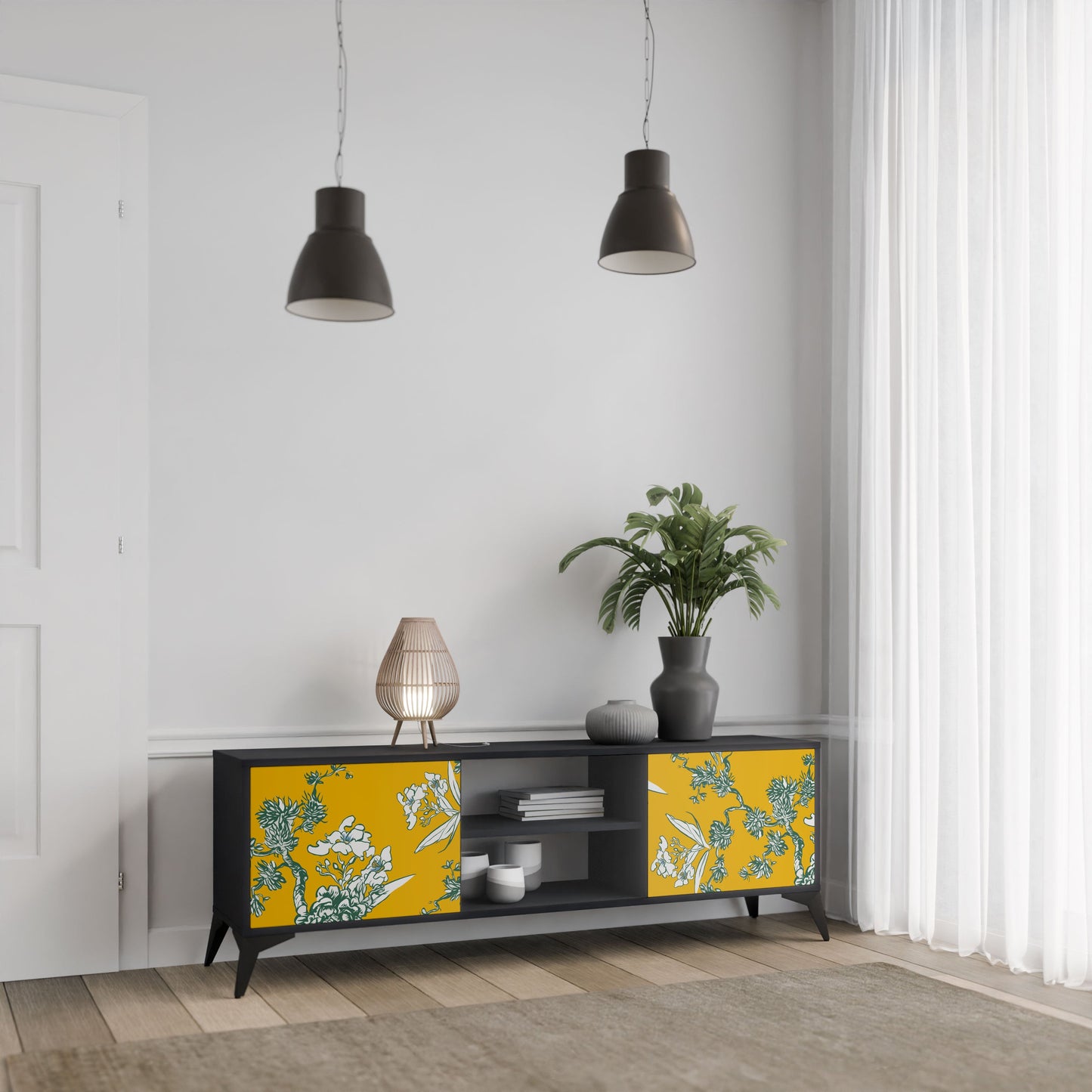 YELLOW CHINOISERIE 2-Door TV Stand in Black Finish