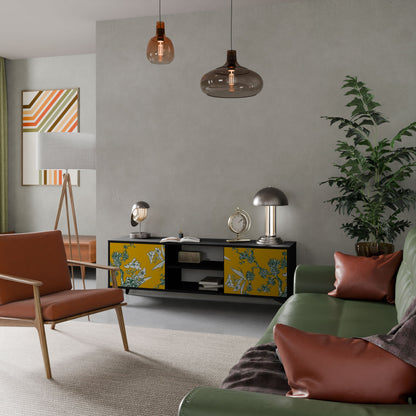 YELLOW CHINOISERIE 2-Door TV Stand in Black Finish