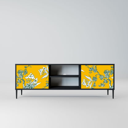 YELLOW CHINOISERIE 2-Door TV Stand in Black Finish