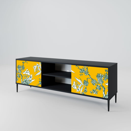 YELLOW CHINOISERIE 2-Door TV Stand in Black Finish