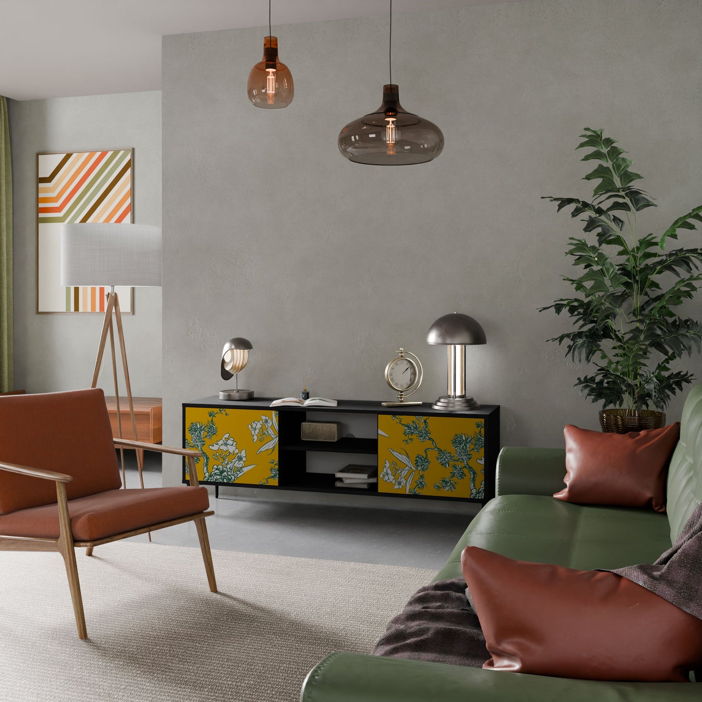 YELLOW CHINOISERIE 2-Door TV Stand in Black Finish