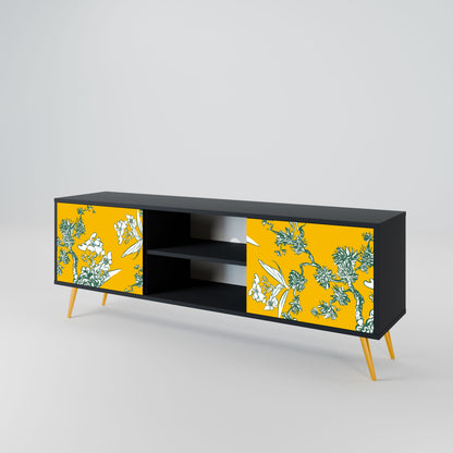 YELLOW CHINOISERIE 2-Door TV Stand in Black Finish