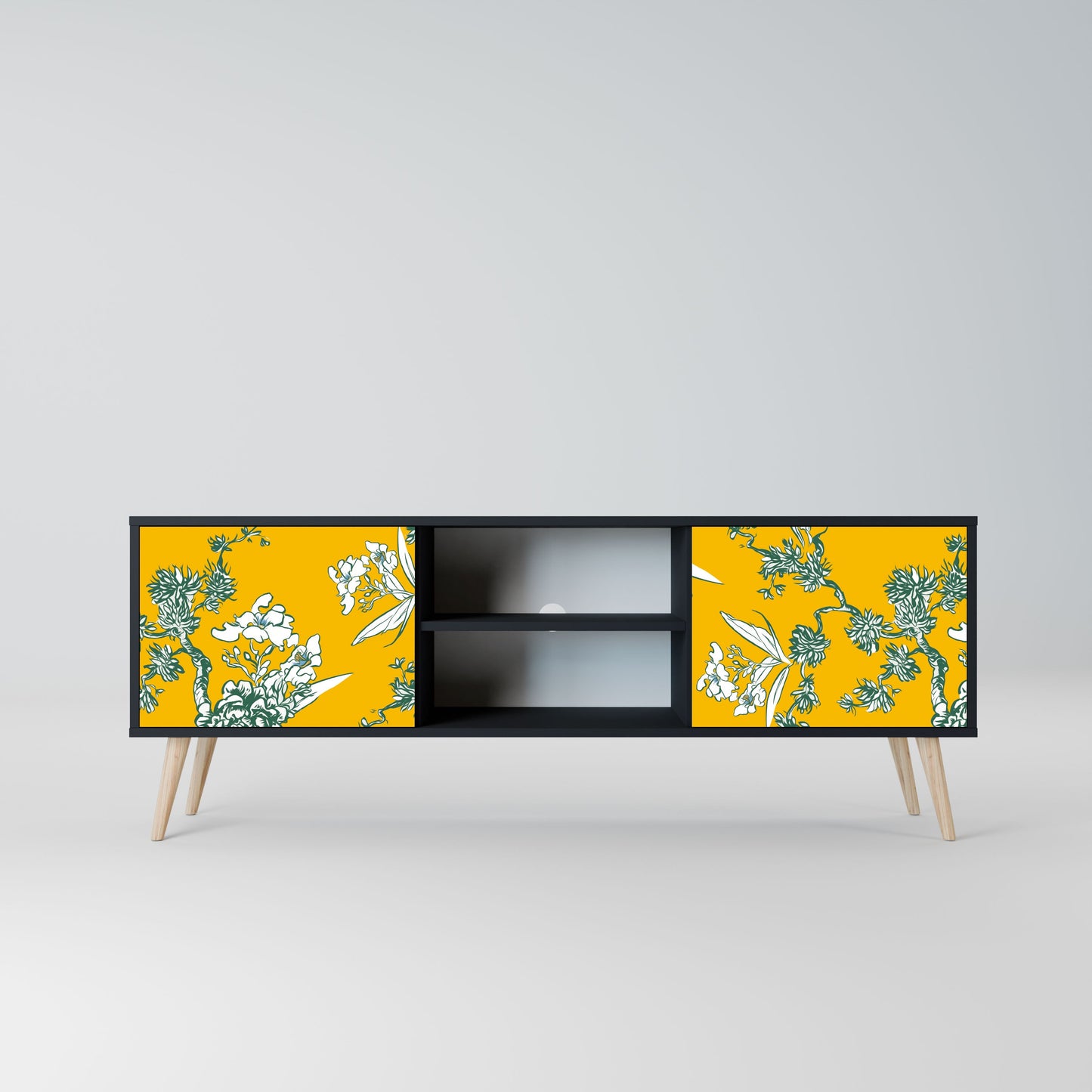 YELLOW CHINOISERIE 2-Door TV Stand in Black Finish
