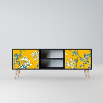 YELLOW CHINOISERIE 2-Door TV Stand in Black Finish