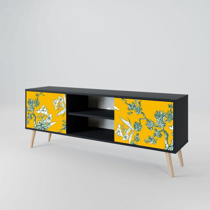 YELLOW CHINOISERIE 2-Door TV Stand in Black Finish