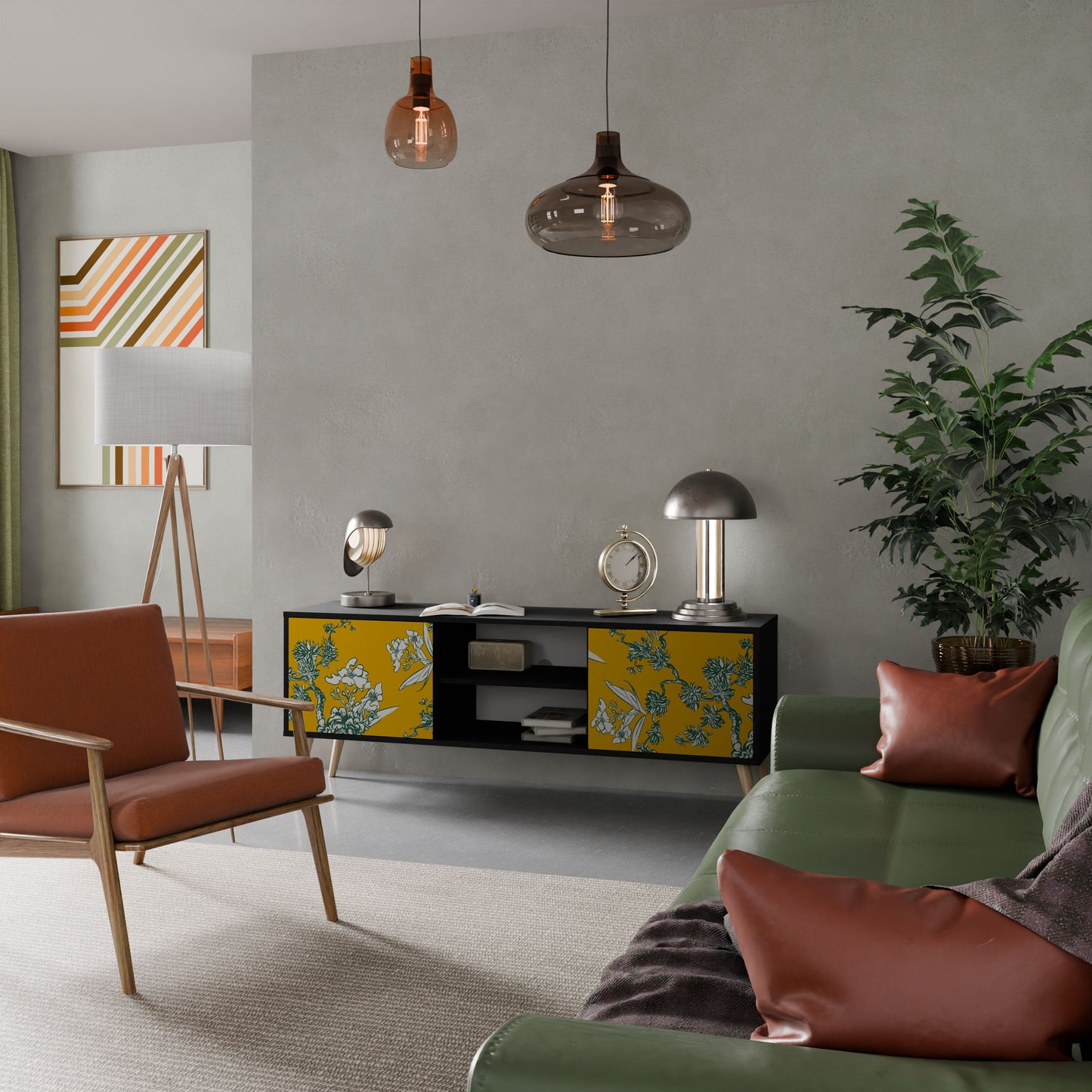 YELLOW CHINOISERIE 2-Door TV Stand in Black Finish