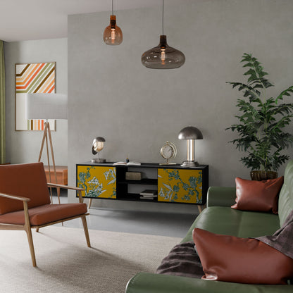 YELLOW CHINOISERIE 2-Door TV Stand in Black Finish