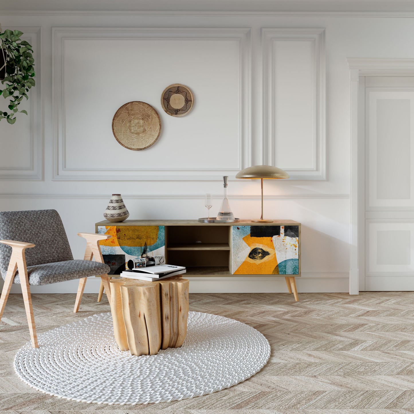 ABSTRACT FACES 2-Door TV Stand in Oak Effect