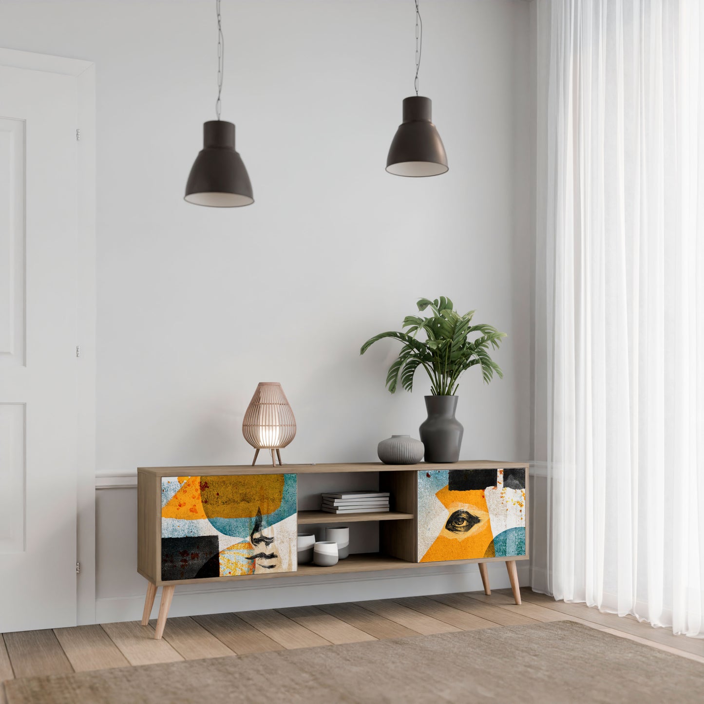 ABSTRACT FACES 2-Door TV Stand in Oak Effect