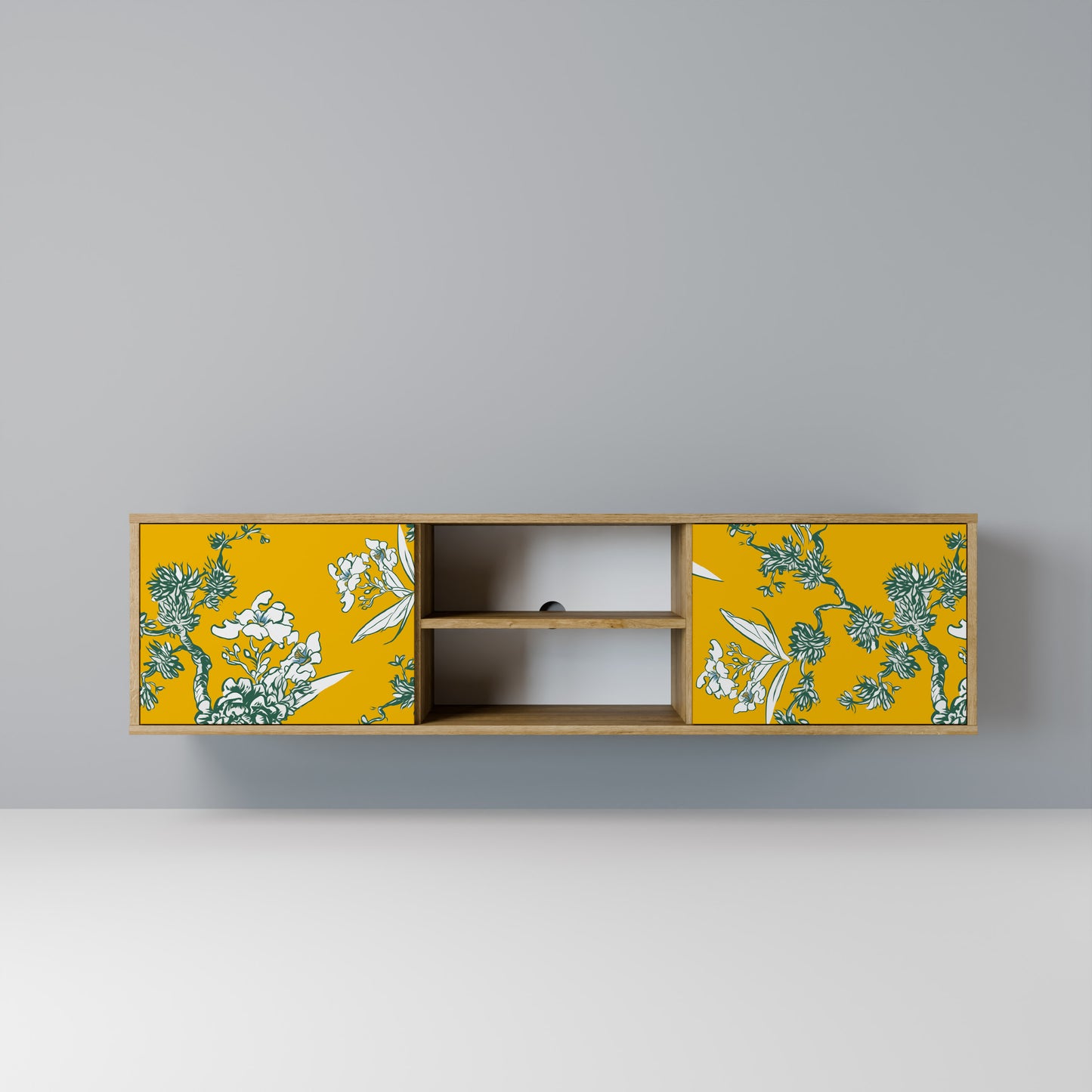 YELLOW CHINOISERIE 2-Door TV Stand in Oak Effect