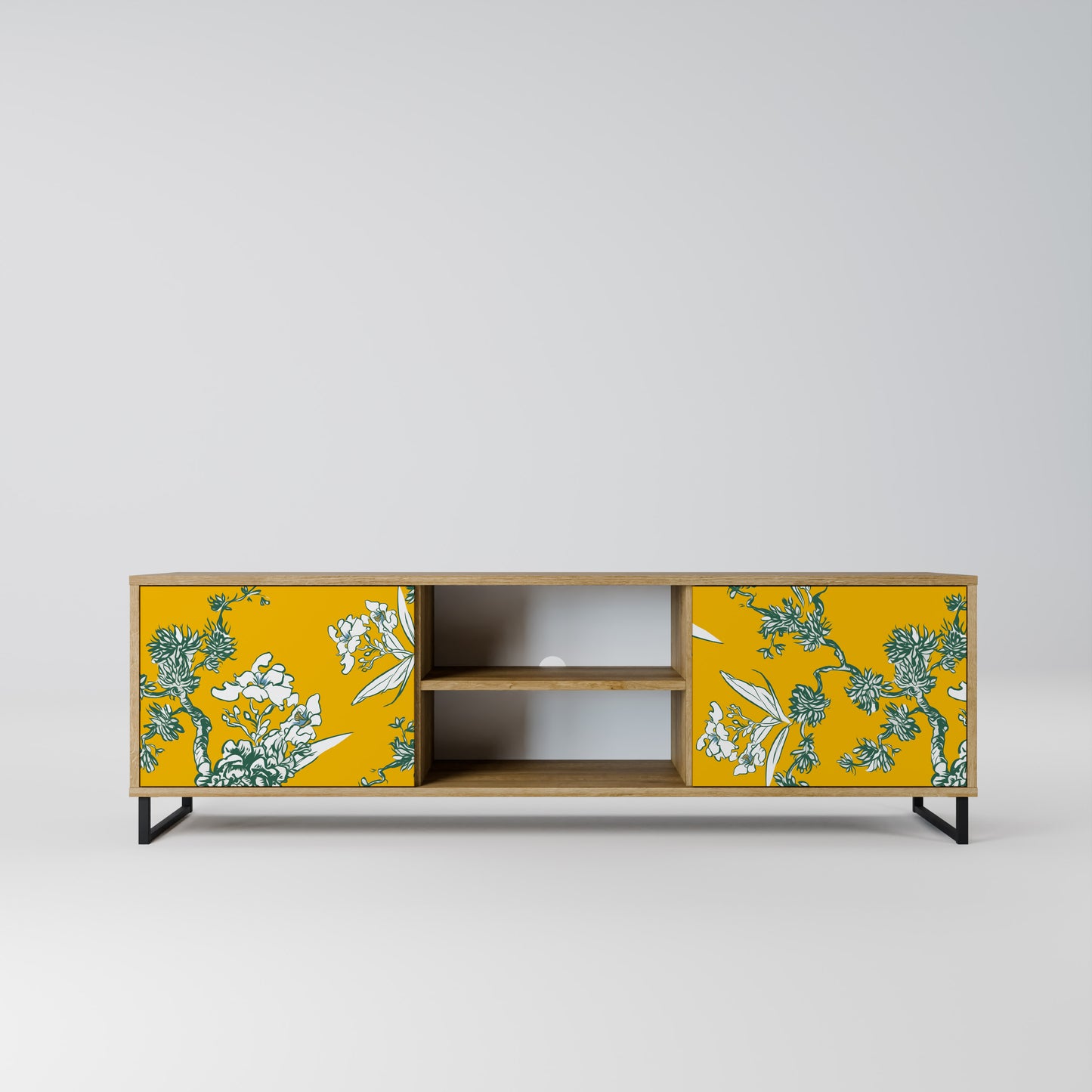 YELLOW CHINOISERIE 2-Door TV Stand in Oak Effect