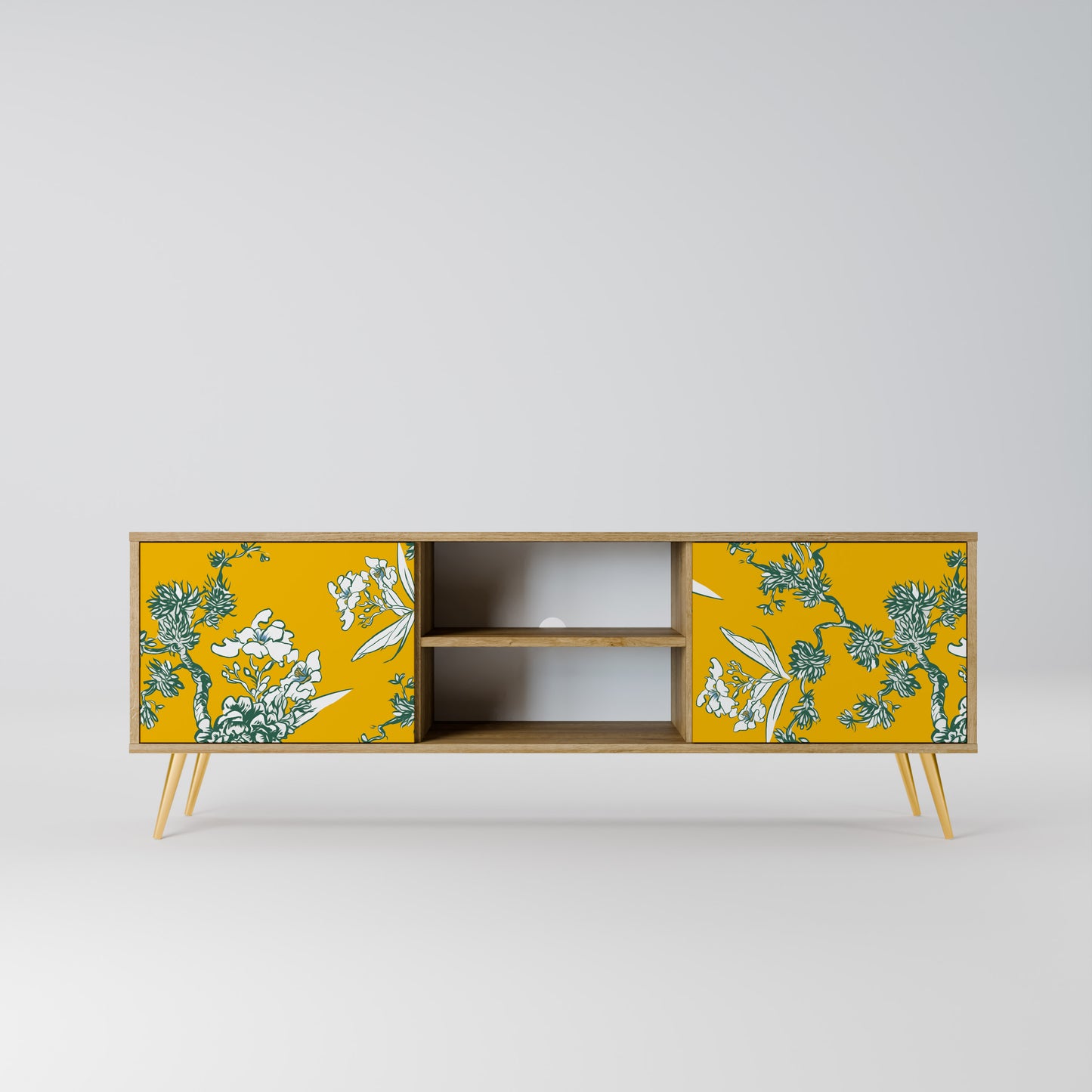 YELLOW CHINOISERIE 2-Door TV Stand in Oak Effect