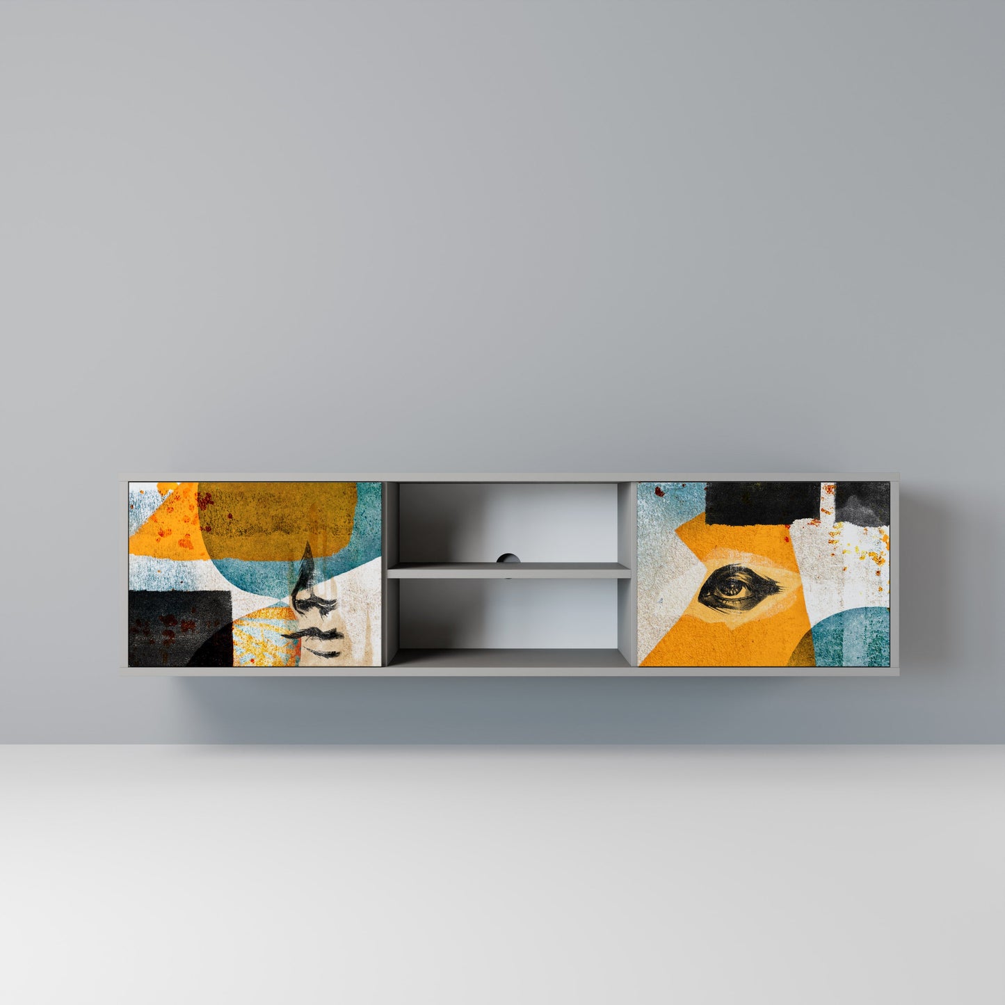 ABSTRACT FACES 2-Door TV Stand in Grey Finish