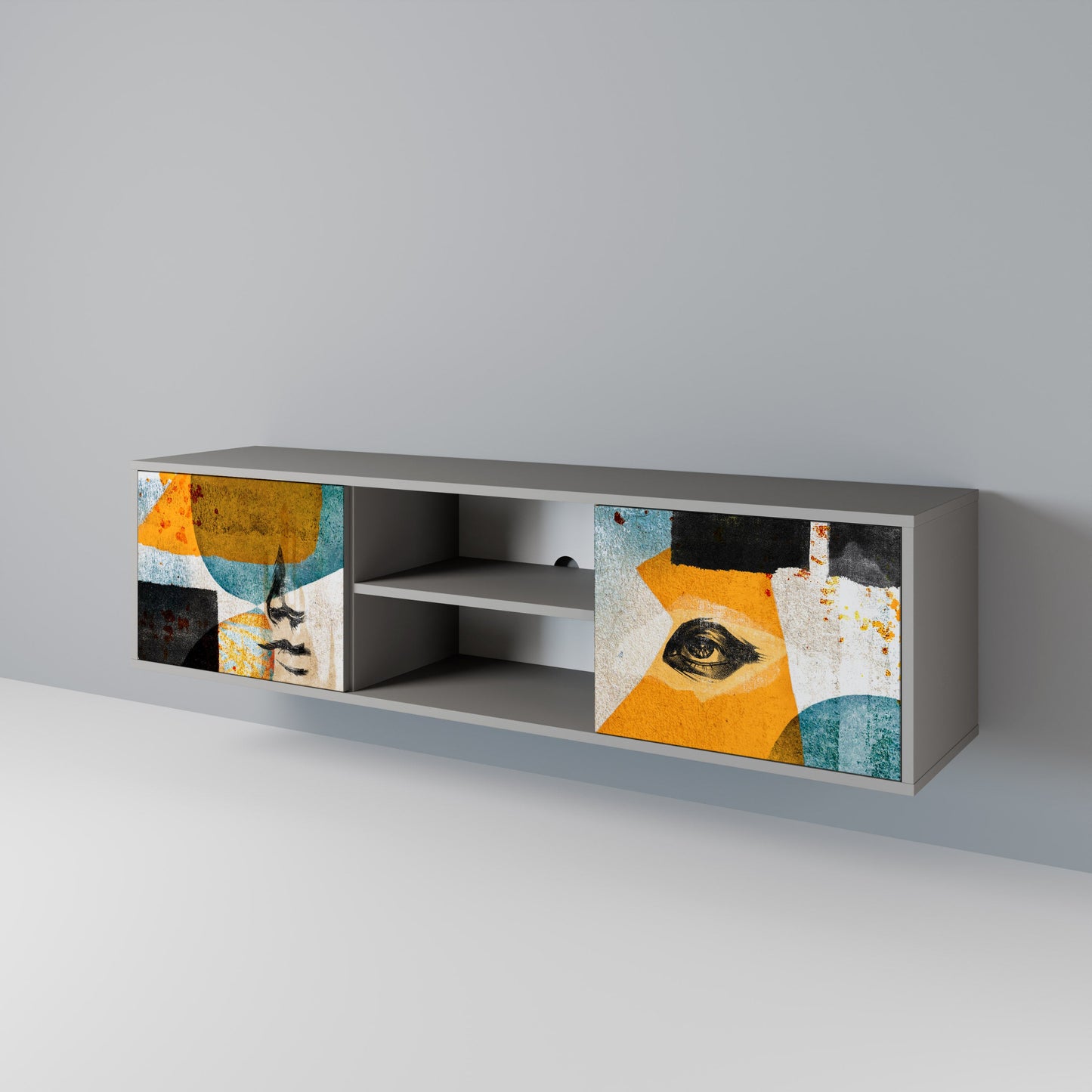 ABSTRACT FACES 2-Door TV Stand in Grey Finish