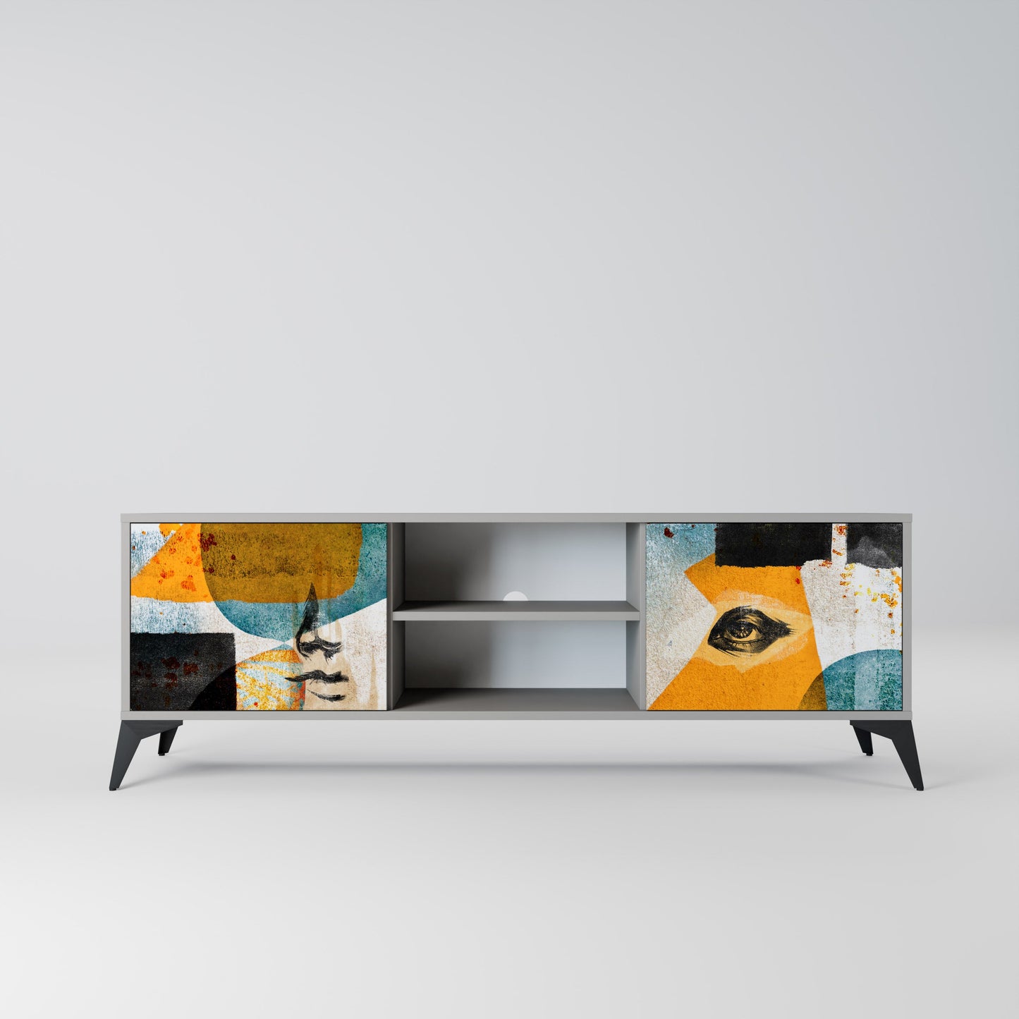 ABSTRACT FACES 2-Door TV Stand in Grey Finish