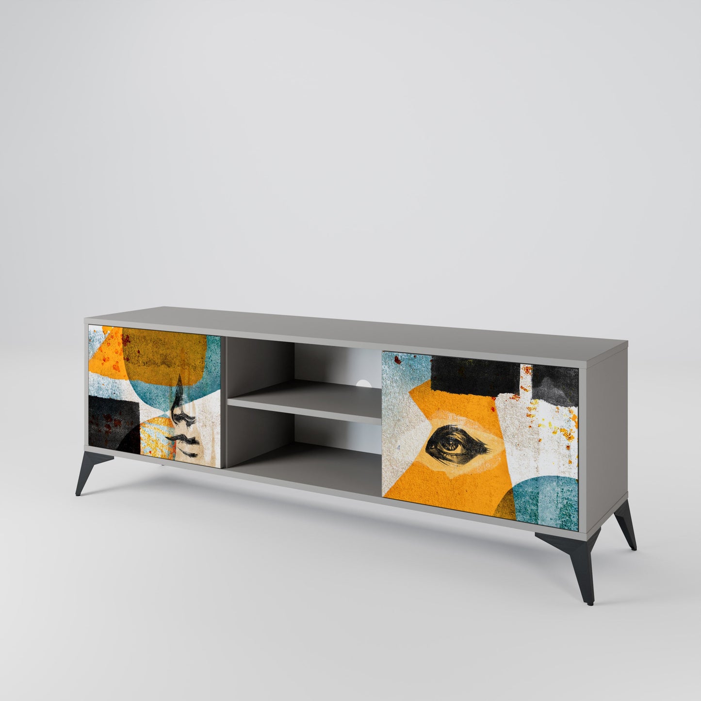 ABSTRACT FACES 2-Door TV Stand in Grey Finish