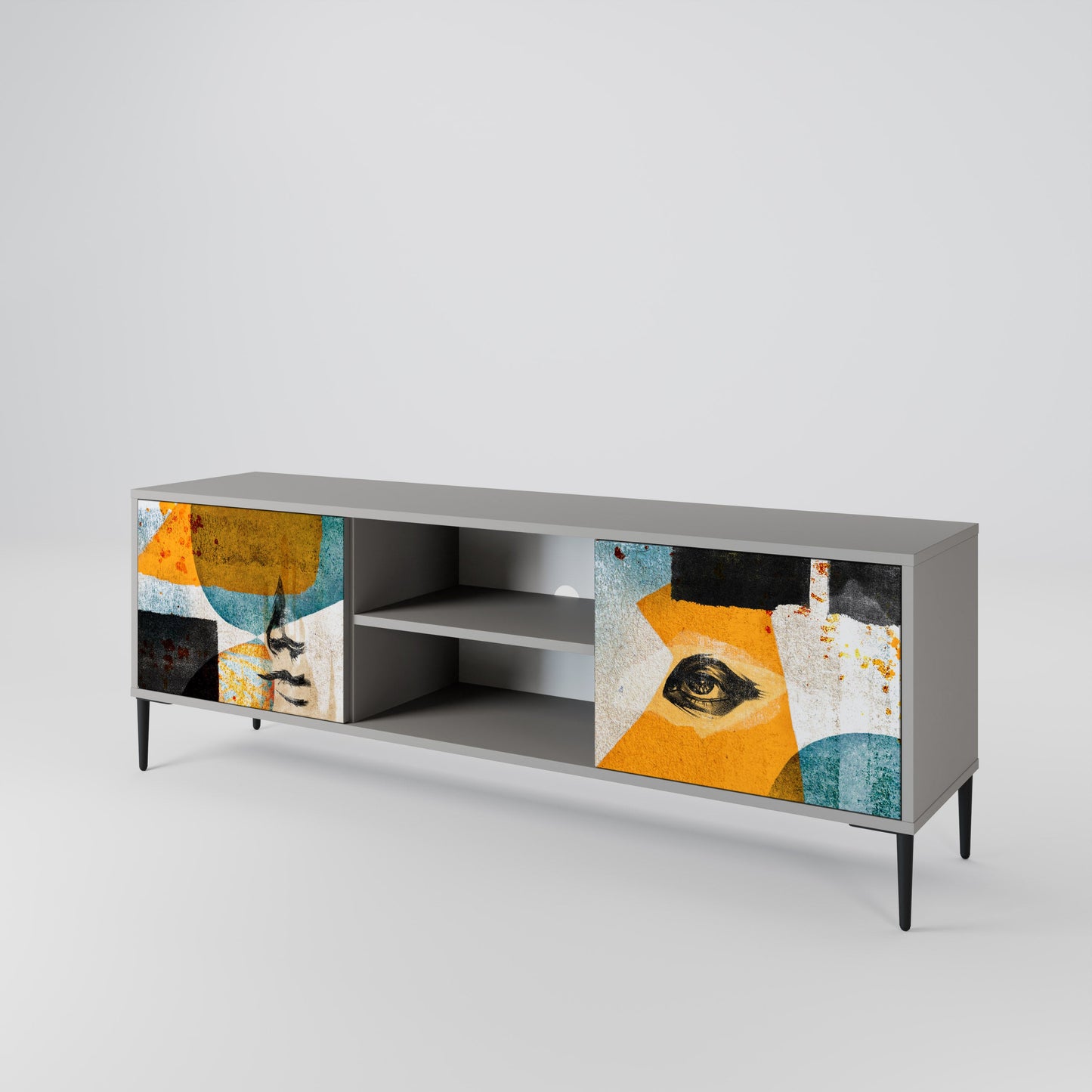 ABSTRACT FACES 2-Door TV Stand in Grey Finish