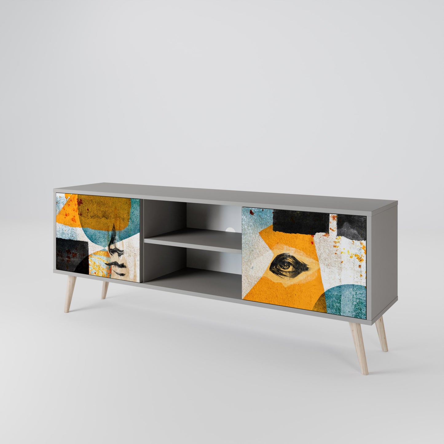 ABSTRACT FACES 2-Door TV Stand in Grey Finish