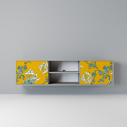 YELLOW CHINOISERIE 2-Door TV Stand in Grey Finish