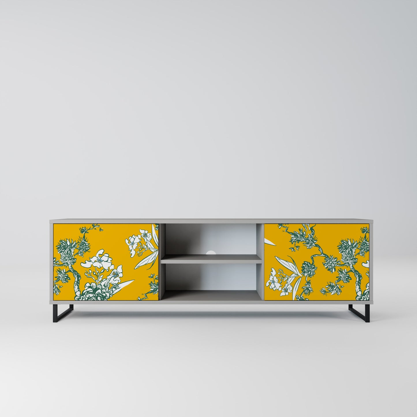 YELLOW CHINOISERIE 2-Door TV Stand in Grey Finish