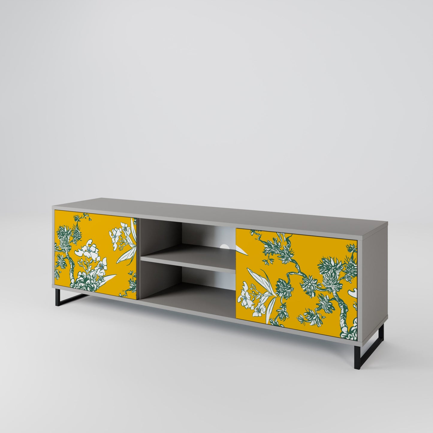 YELLOW CHINOISERIE 2-Door TV Stand in Grey Finish