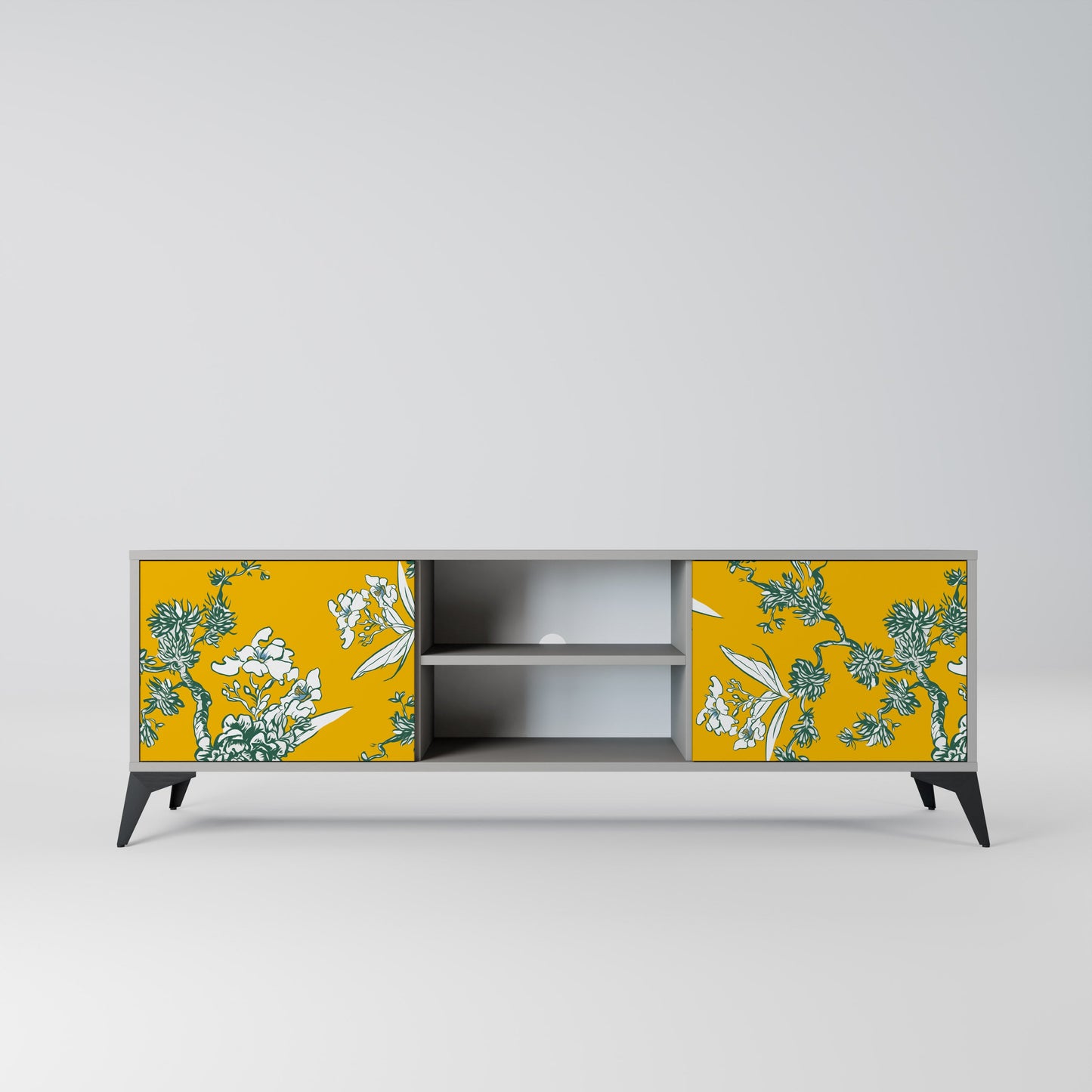 YELLOW CHINOISERIE 2-Door TV Stand in Grey Finish