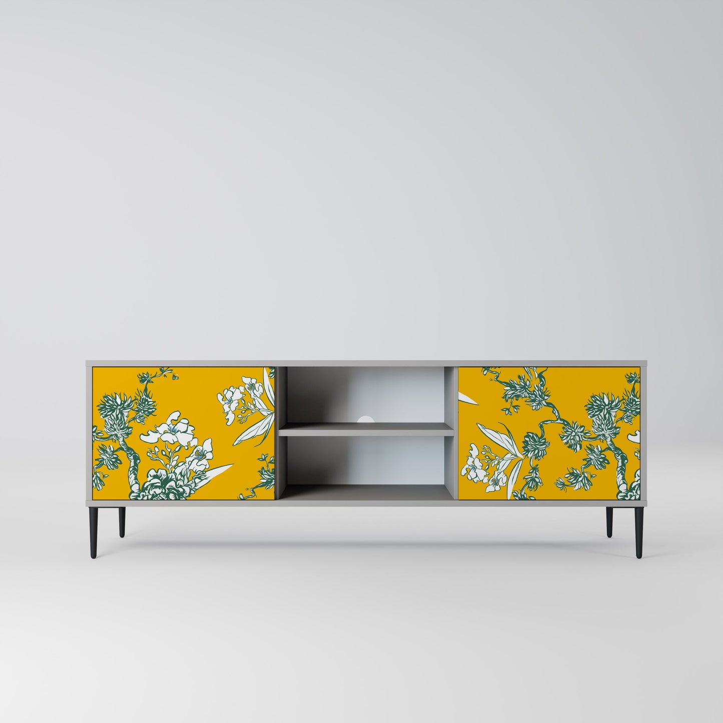 YELLOW CHINOISERIE 2-Door TV Stand in Grey Finish