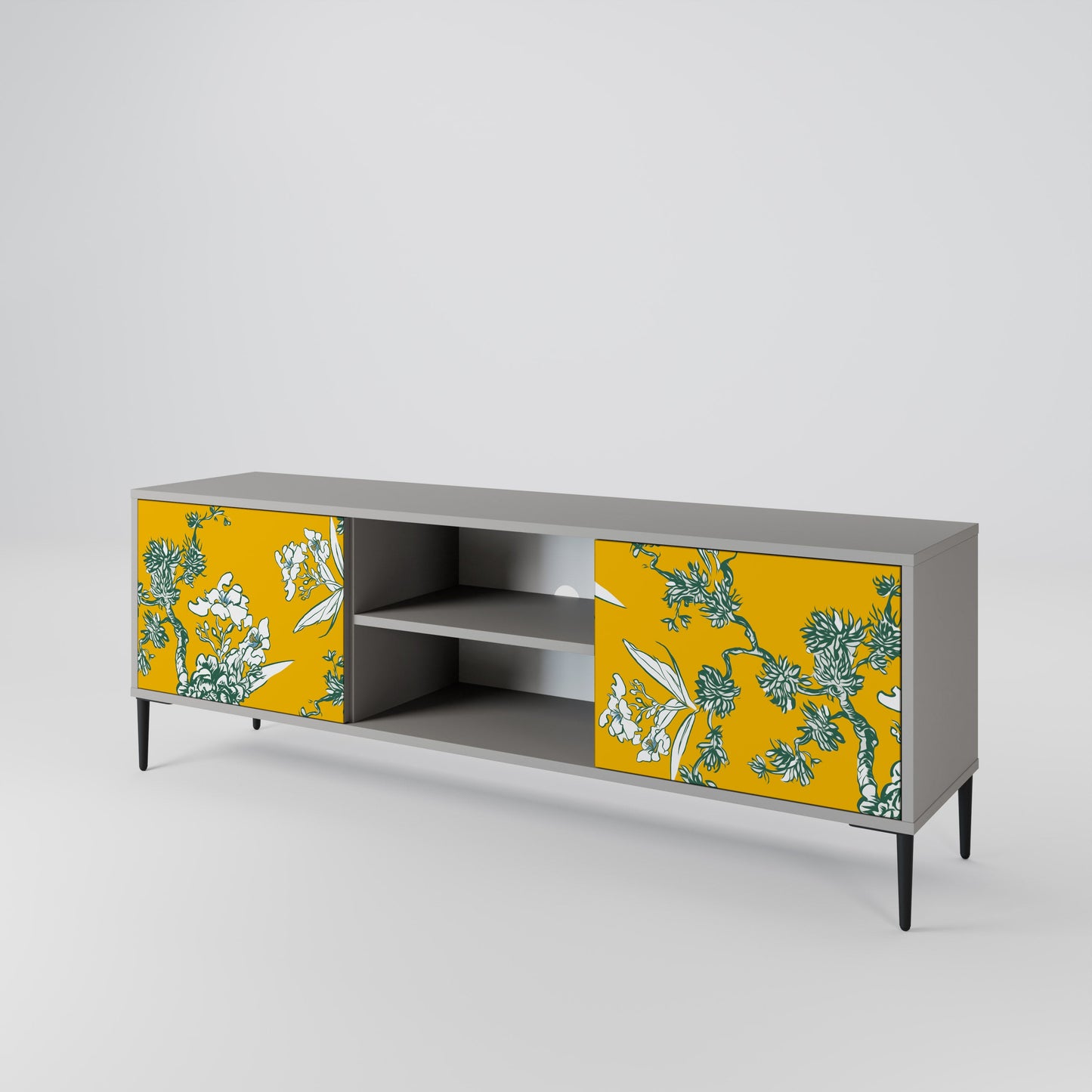 YELLOW CHINOISERIE 2-Door TV Stand in Grey Finish