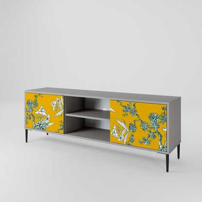 YELLOW CHINOISERIE 2-Door TV Stand in Grey Finish
