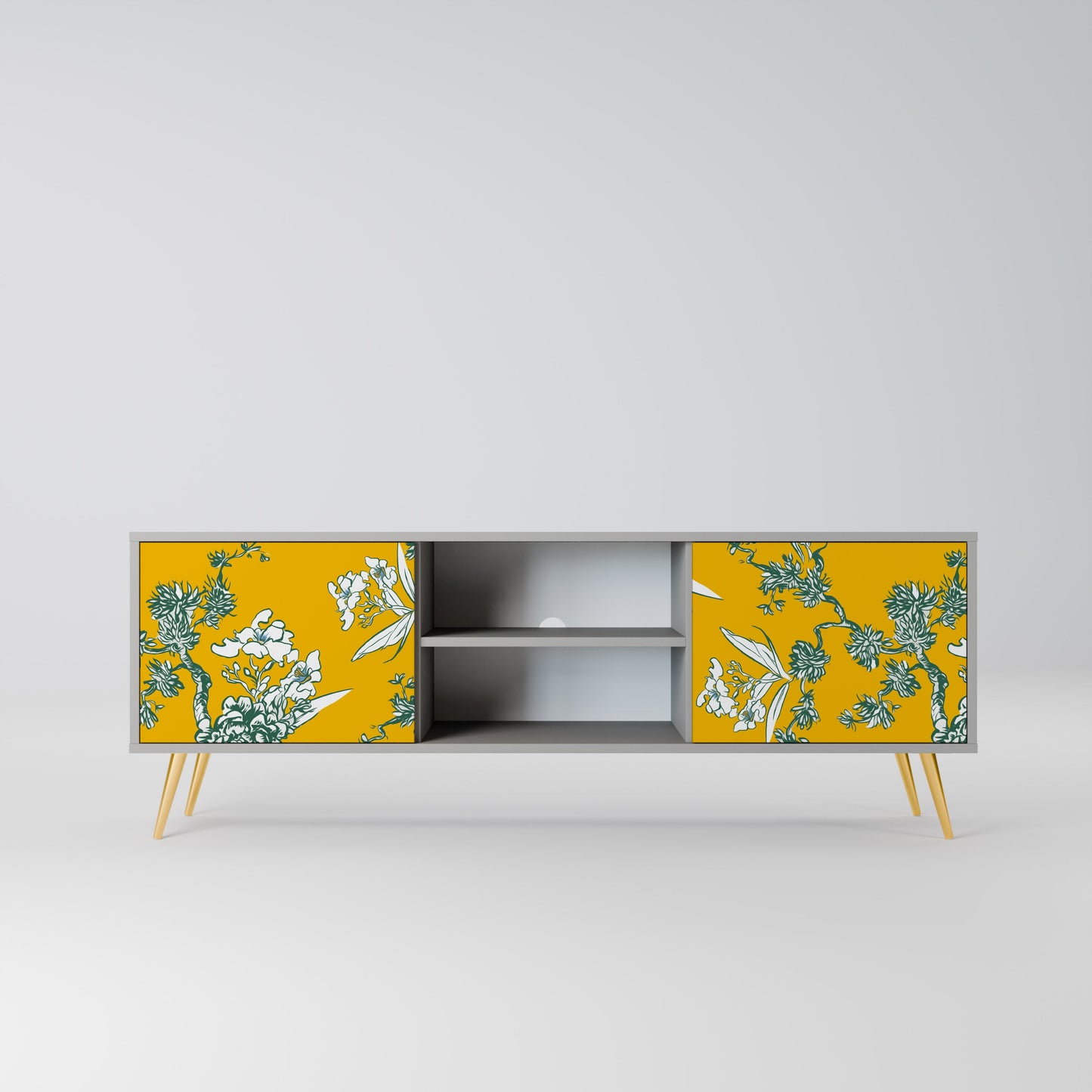 YELLOW CHINOISERIE 2-Door TV Stand in Grey Finish