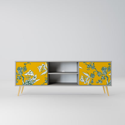 YELLOW CHINOISERIE 2-Door TV Stand in Grey Finish