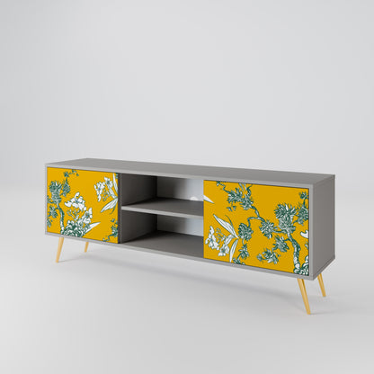 YELLOW CHINOISERIE 2-Door TV Stand in Grey Finish