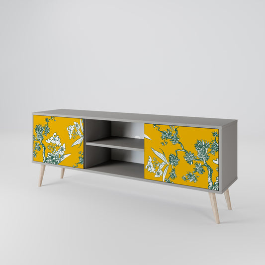 YELLOW CHINOISERIE 2-Door TV Stand in Grey Finish