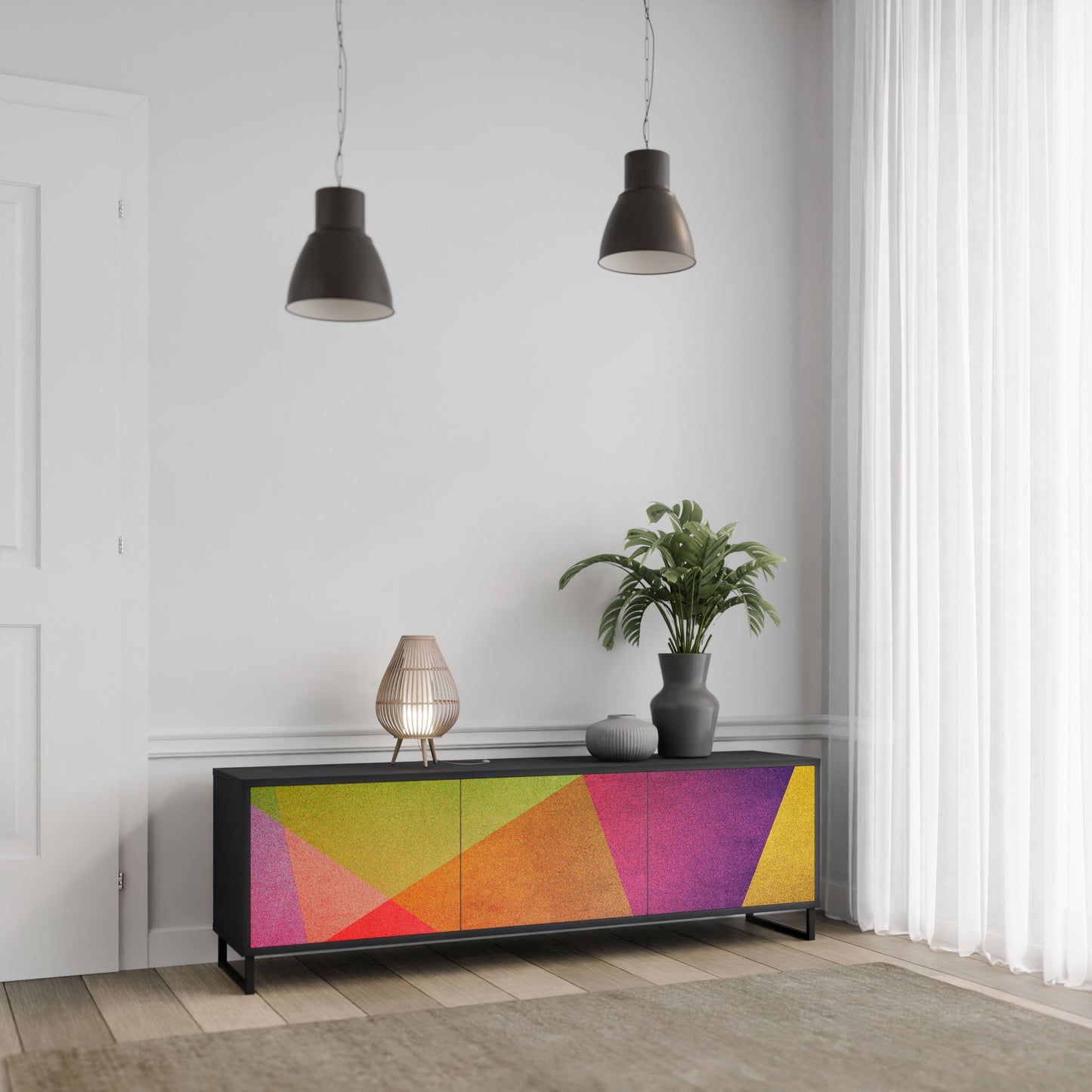 VIVID GEOMETRY 3-Door TV Stand in Black Finish