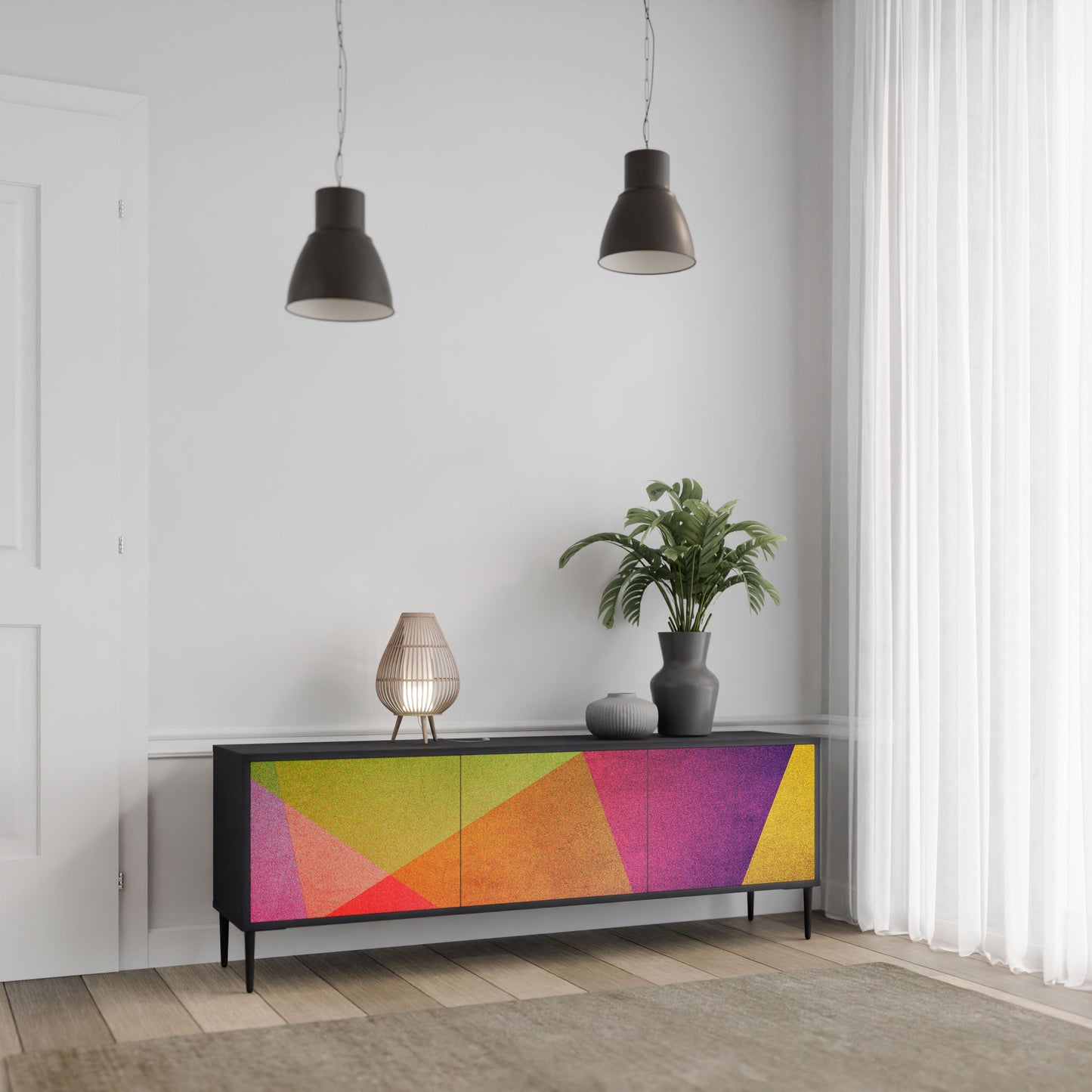 VIVID GEOMETRY 3-Door TV Stand in Black Finish