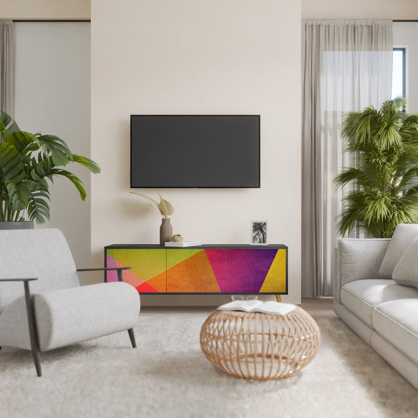 VIVID GEOMETRY 3-Door TV Stand in Black Finish