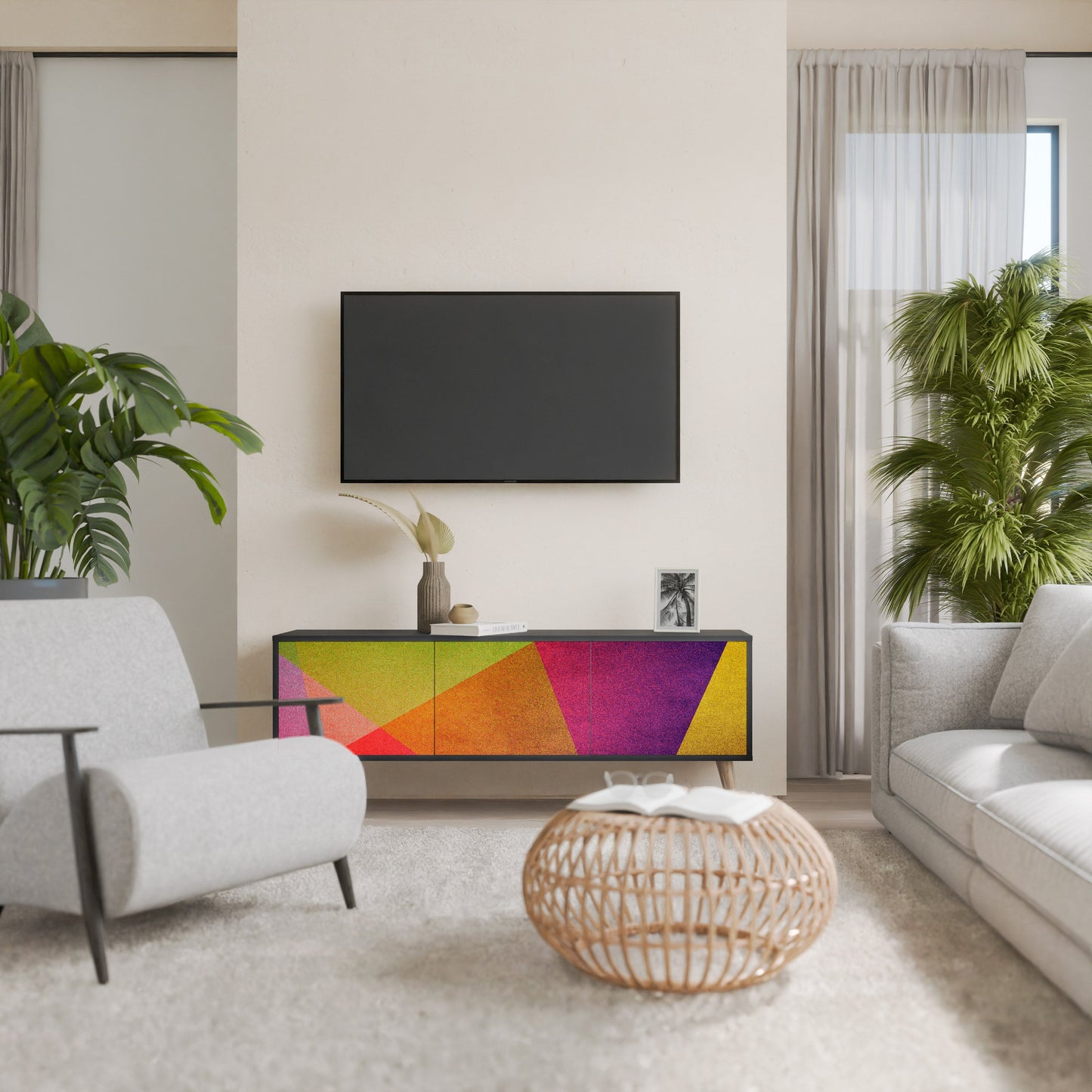 VIVID GEOMETRY 3-Door TV Stand in Black Finish