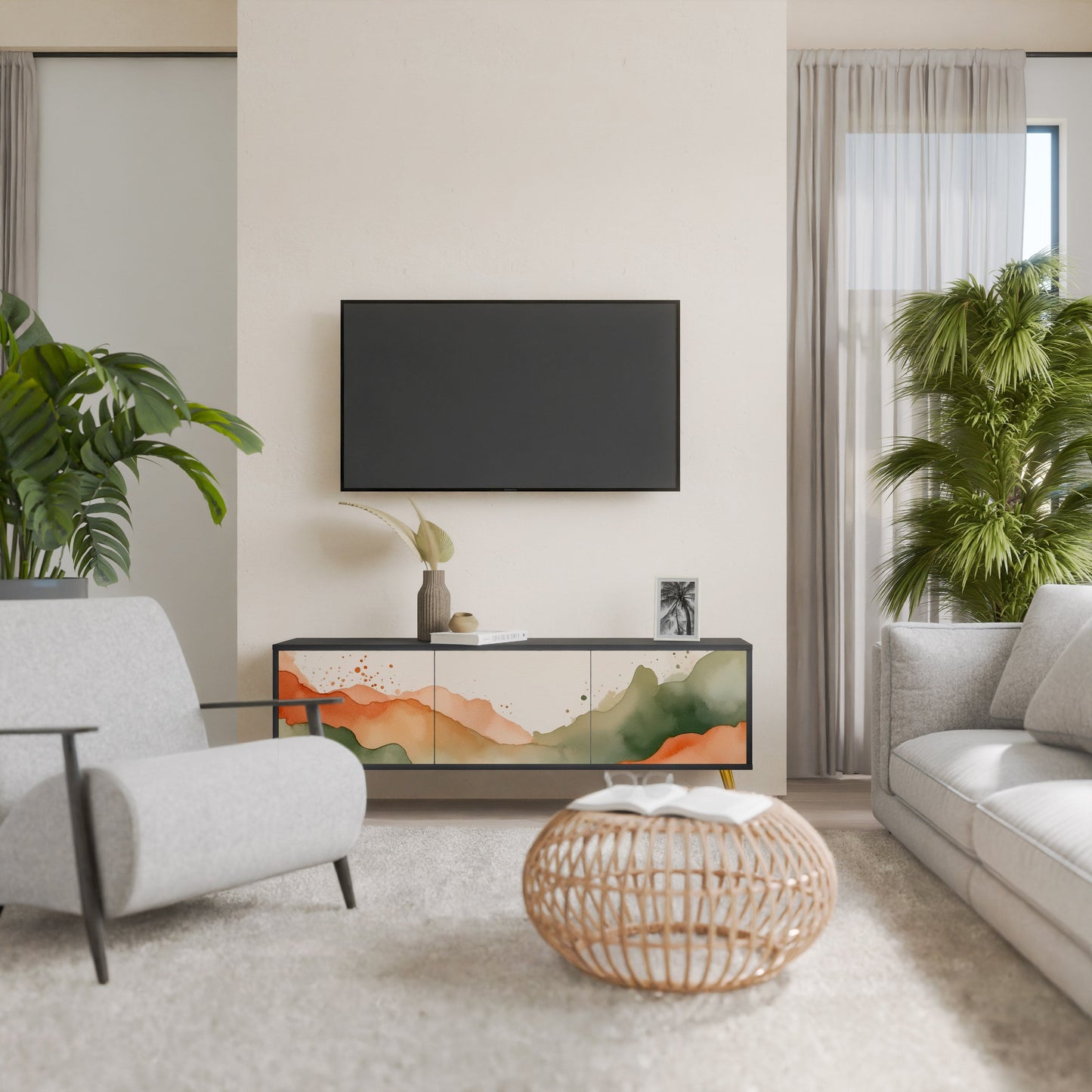 WATERCOLOUR PEAKS 3-Door TV Stand in Black Finish