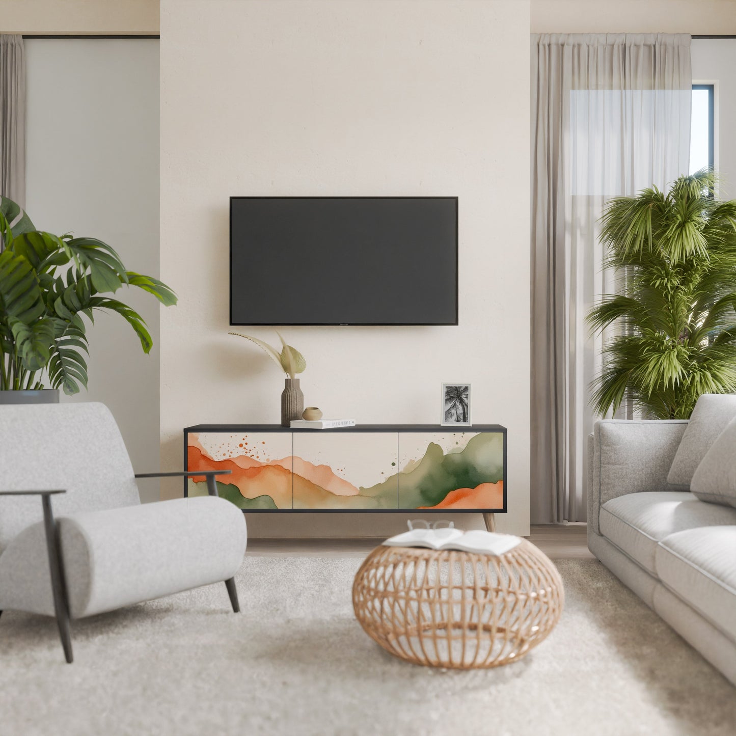 WATERCOLOUR PEAKS 3-Door TV Stand in Black Finish