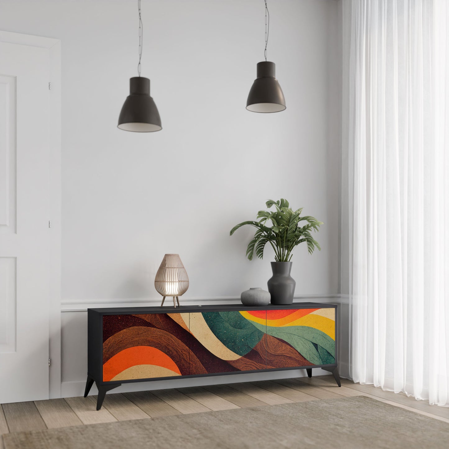 COLORFUL STRANDS 3-Door TV Stand in Black Finish