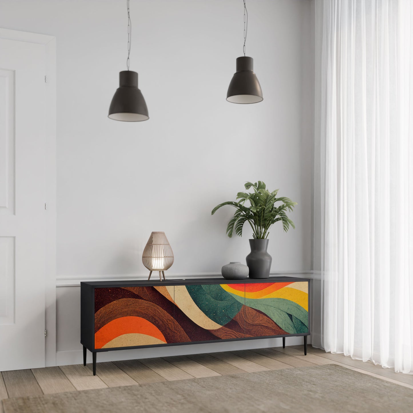 COLORFUL STRANDS 3-Door TV Stand in Black Finish