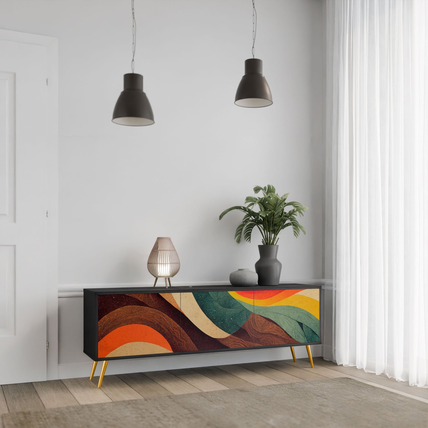 COLORFUL STRANDS 3-Door TV Stand in Black Finish