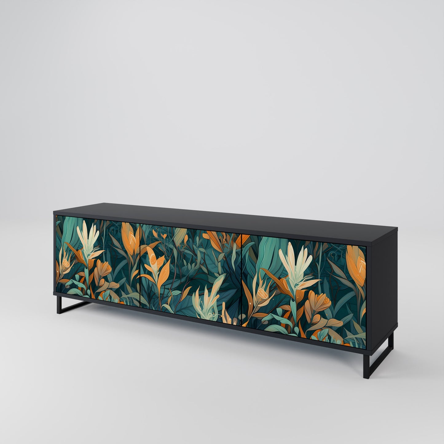 FLORAL SERENITY 3-Door TV Stand in Black Finish